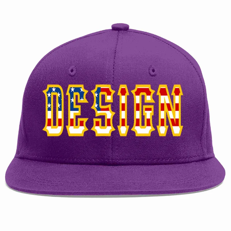 Baseball Cap For Professional Player Gear-Custom Purple Vintage USA Flag-Gold Flat Eaves Sport Baseball Cap Design for Men/Women/Youth