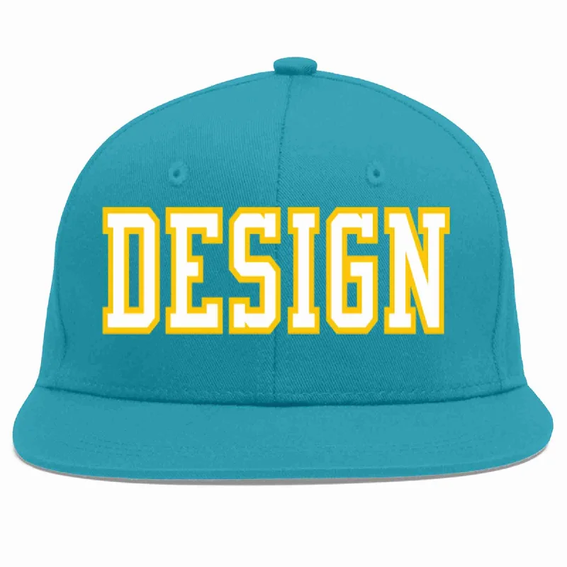 Baseball Cap For Fundraisers-Custom Aqua White-Gold Flat Eaves Sport Baseball Cap Design for Men/Women/Youth