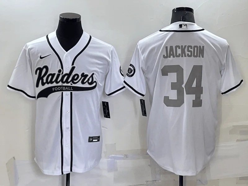 Baseball Jersey For Team Fundraising-Men's Las Vegas Raiders #34 Bo Jackson White Grey Stitched Cool Base Baseball Jersey