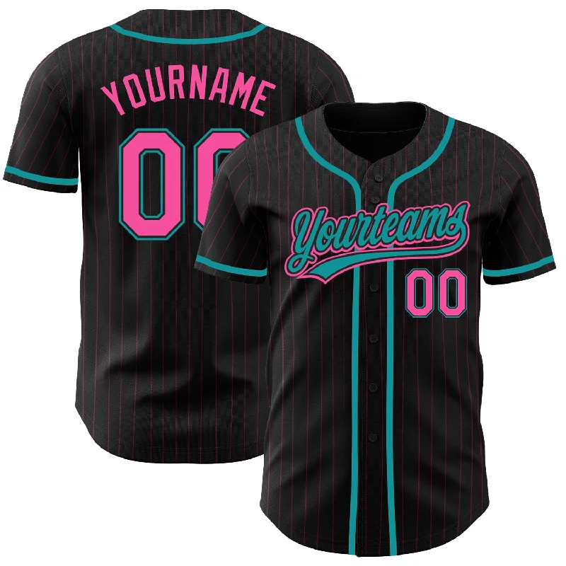 Baseball Jersey For Custom School Gear-Custom Black Pink Pinstripe Pink-Teal Authentic Baseball Jersey