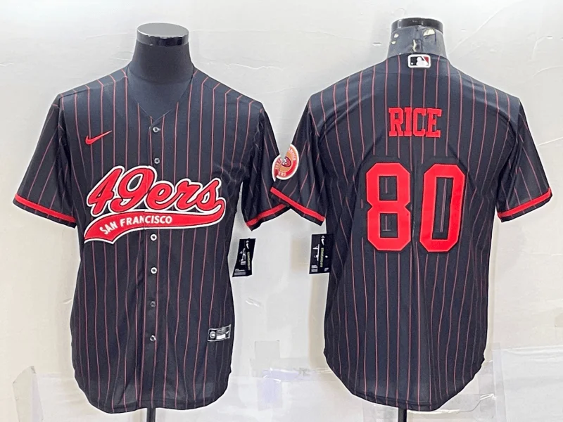 Baseball Jersey For Player Number Customization-Men's San Francisco 49ers #80 Jerry Rice Black Pinstripe With Patch Cool Base Stitched Baseball Jersey