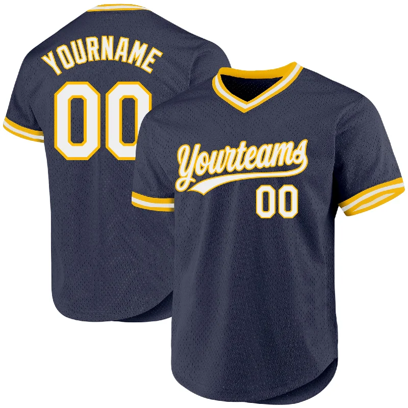 Baseball Jersey For School Teams-Custom Navy White-Gold Authentic Throwback Baseball Jersey