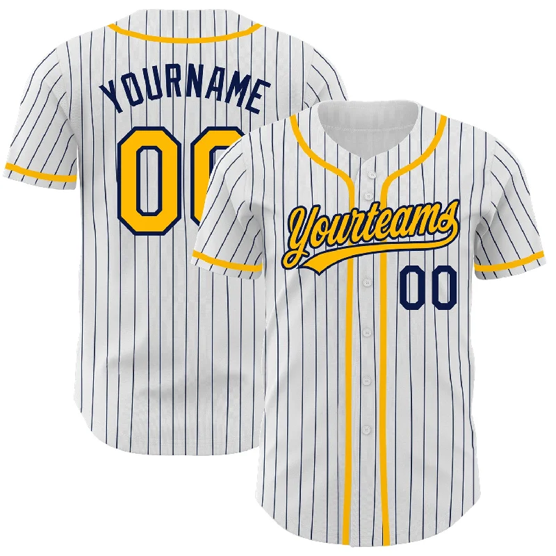 Baseball Jersey For Personalized Gifts-Custom White Navy Pinstripe Gold Authentic Baseball Jersey