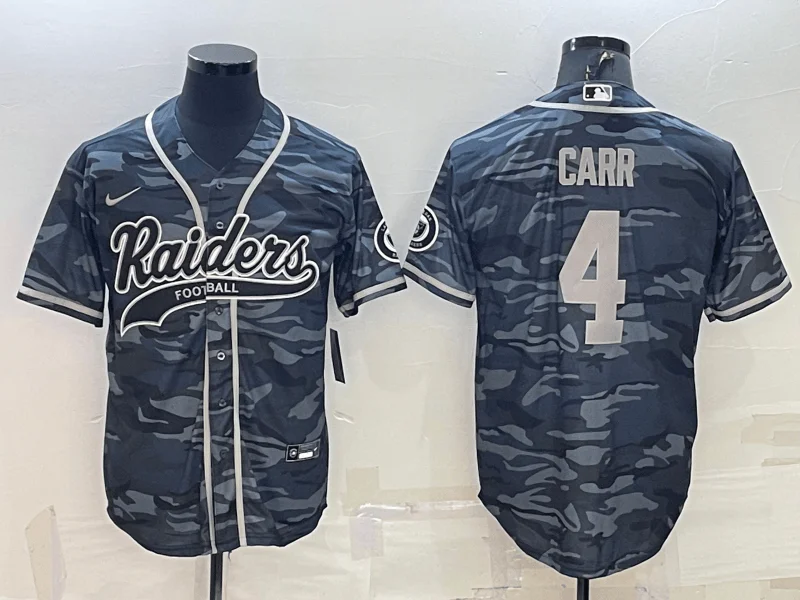 Baseball Jersey For Youth Team Fan Gear-Men's Las Vegas Raiders #4 Derek Carr Grey Camo With Patch Cool Base Stitched Baseball Jersey