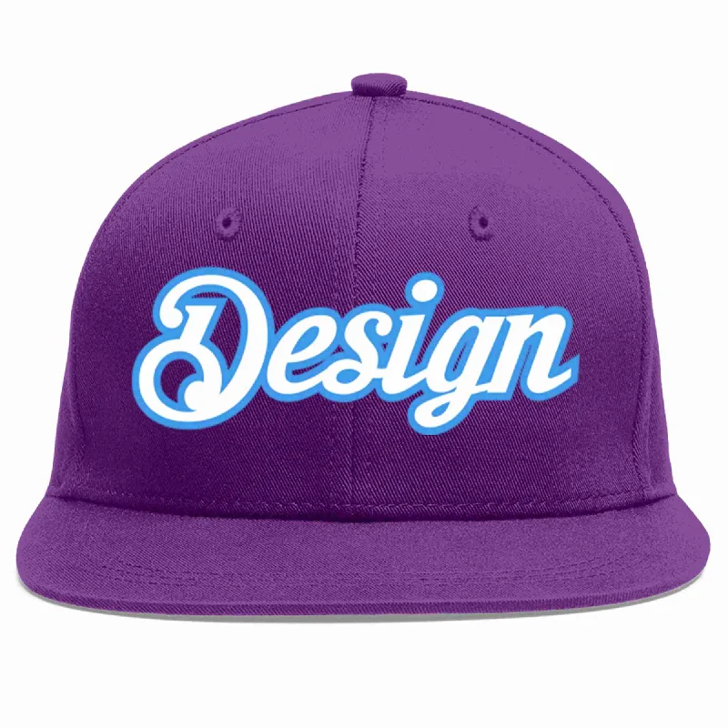 Baseball Cap With Personalized Patches-Custom Purple White-Powder Blue Flat Eaves Sport Baseball Cap Design for Men/Women/Youth