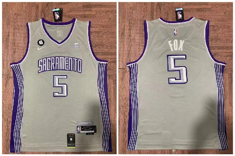 Basketball Jersey For Tournament Merchandise-Kings 5 De'Aaron Fox Gray City Edition Swingman Basketball Jersey