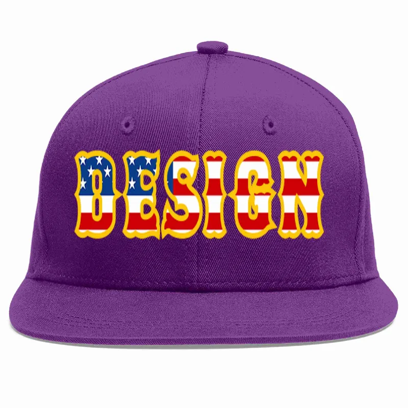 Baseball Cap For Softball And Baseball Teams-Custom Purple Vintage USA Flag-Gold Flat Eaves Sport Baseball Cap Design for Men/Women/Youth