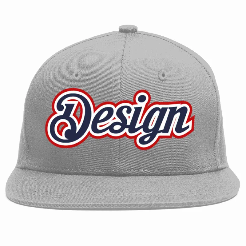 Baseball Cap With Custom Patch And Design-Custom Gray Navy-White Flat Eaves Sport Baseball Cap Design for Men/Women/Youth