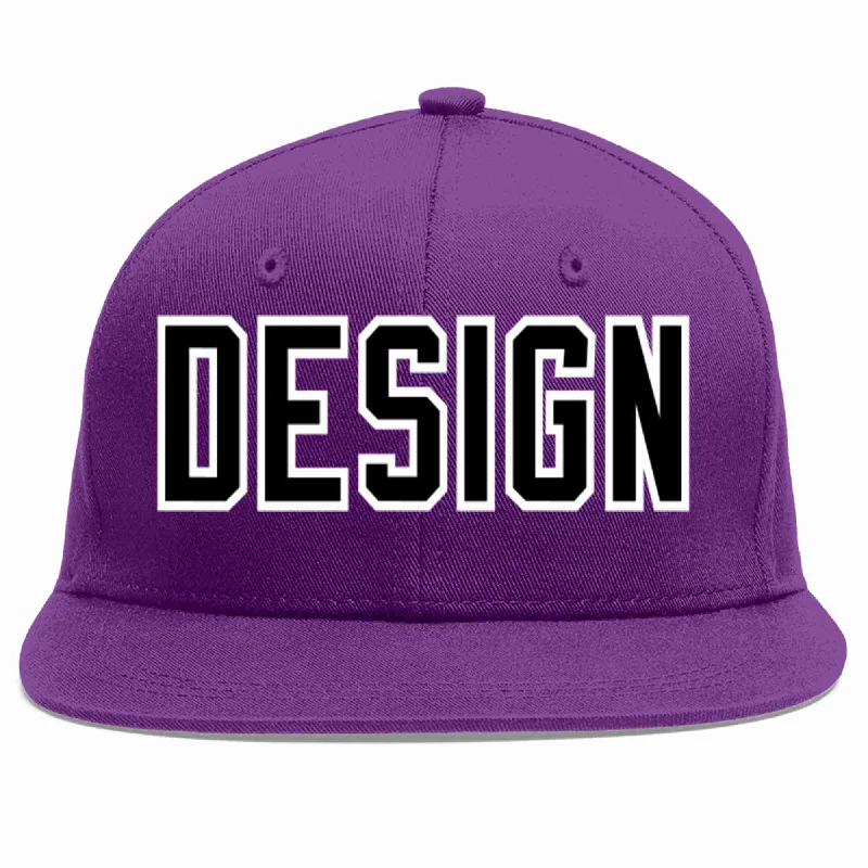 Baseball Cap With Custom Embroidered Names-Custom Purple Black-White Flat Eaves Sport Baseball Cap Design for Men/Women/Youth