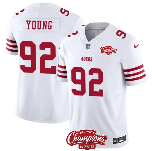 Football Jersey For School Fundraisers-Men's San Francisco 49ers #92 Chase Young White 2023 F.U.S.E. NFC West Champions Patch Football Stitched Jersey