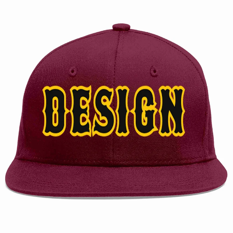 Baseball Cap With Custom Embroidered Names-Custom Crimson Black-Gold Flat Eaves Sport Baseball Cap Design for Men/Women/Youth