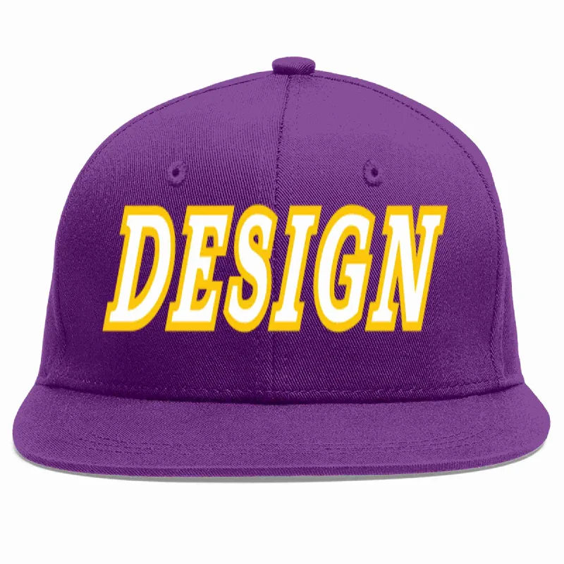 Baseball Cap For Group Orders-Custom Purple White-Gold Flat Eaves Sport Baseball Cap Design for Men/Women/Youth