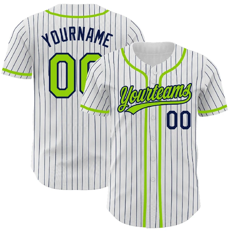 Baseball Jersey For Custom Team Customization-Custom White Navy Pinstripe Neon Green Authentic Baseball Jersey