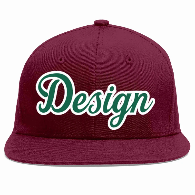 Baseball Cap For Baseball And Softball Seasons-Custom Crimson Kelly Green-White Flat Eaves Sport Baseball Cap Design for Men/Women/Youth