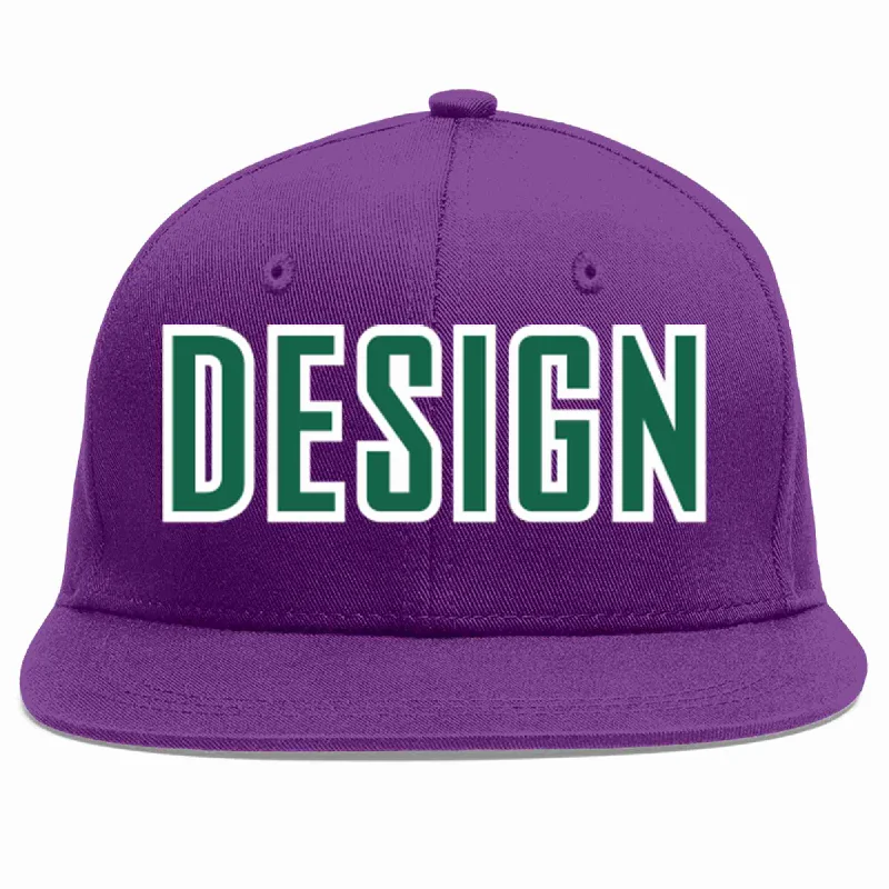 Baseball Cap For Youth Teams-Custom Purple Kelly Green-White Flat Eaves Sport Baseball Cap Design for Men/Women/Youth