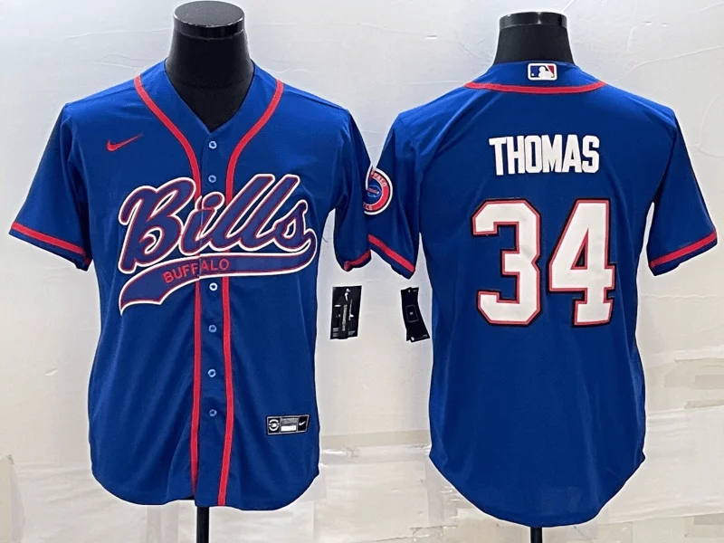 Baseball Jersey For Promotional Team Events-Men's Buffalo Bills #34 Thurman Thomas Blue With Patch Cool Base Stitched Baseball Jersey