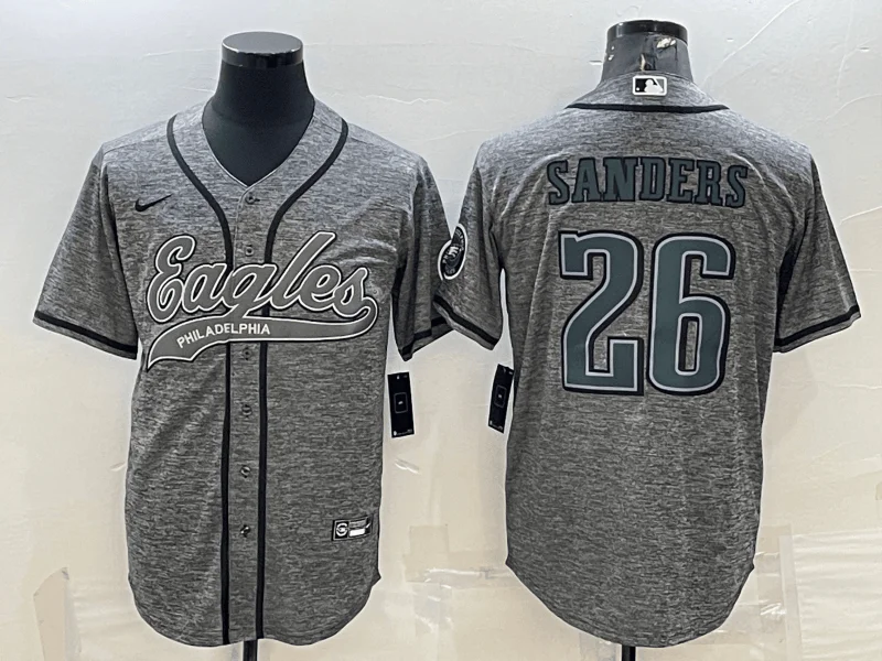 Baseball Jersey For Exclusive Custom Fan Gear-Men's Philadelphia Eagles #26 Miles Sanders Grey Gridiron With Patch Cool Base Stitched Baseball Jersey