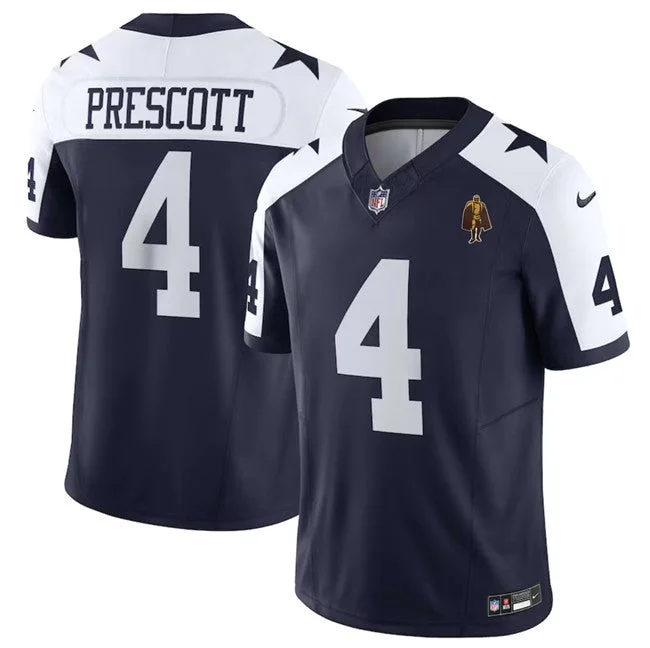 Football Jersey With Embroidered Team Names-Men's Dallas Cowboys #4 Dak Prescott Navy 2023 F.U.S.E. With Walter Payton Patch Thanksgiving Limited Football Stitched Jersey