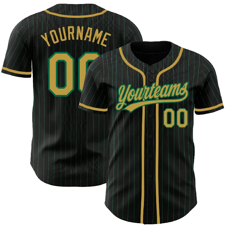 Baseball Jersey For Group Sports Fan Orders-Custom Black Kelly Green Pinstripe Old Gold Authentic Baseball Jersey