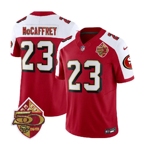 Football Jersey For Corporate Gifts-Men's San Francisco 49ers #23 Christian McCaffrey Red/White 2023 F.U.S.E. 50th Patch Throwback Football Stitched Jersey