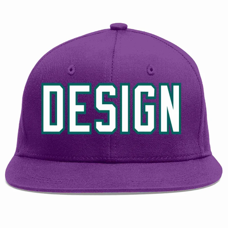 Baseball Cap With Player Name And Number-Custom Purple White-Aqua Flat Eaves Sport Baseball Cap Design for Men/Women/Youth