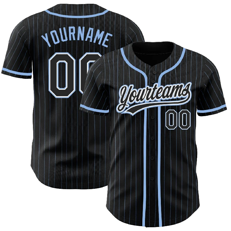 Baseball Jersey For Youth Fan Recognition-Custom Black Light Blue Pinstripe Black-White Authentic Baseball Jersey