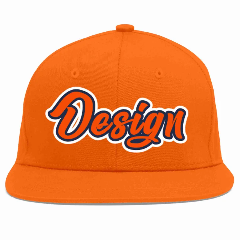 Baseball Cap For Fans And Supporters-Custom Orange Orange-Navy Flat Eaves Sport Baseball Cap Design for Men/Women/Youth