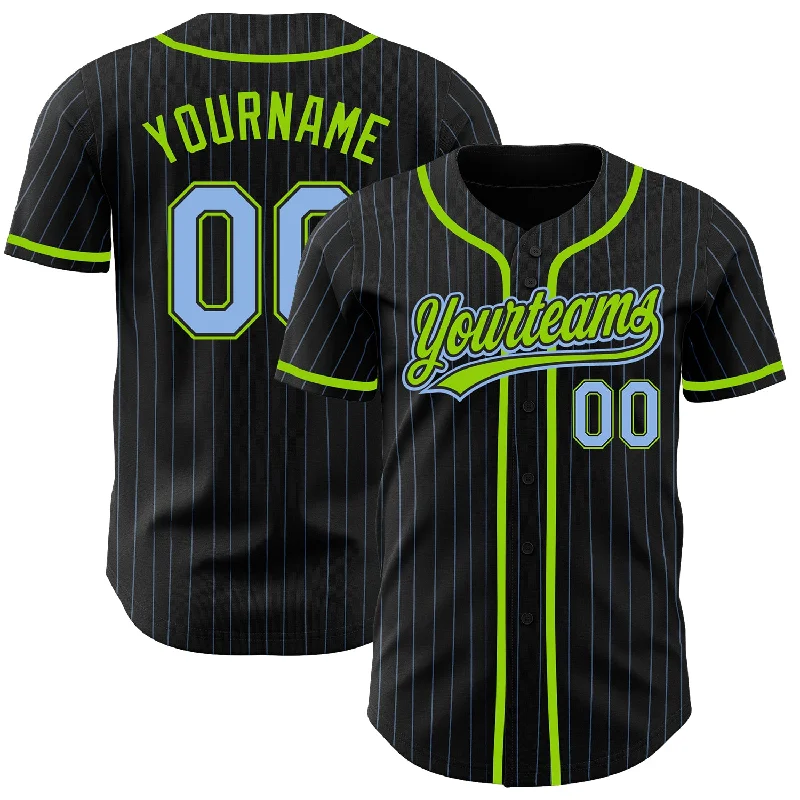 Baseball Jersey For Team Event Custom Orders-Custom Black Light Blue Pinstripe Light Blue-Neon Green Authentic Baseball Jersey