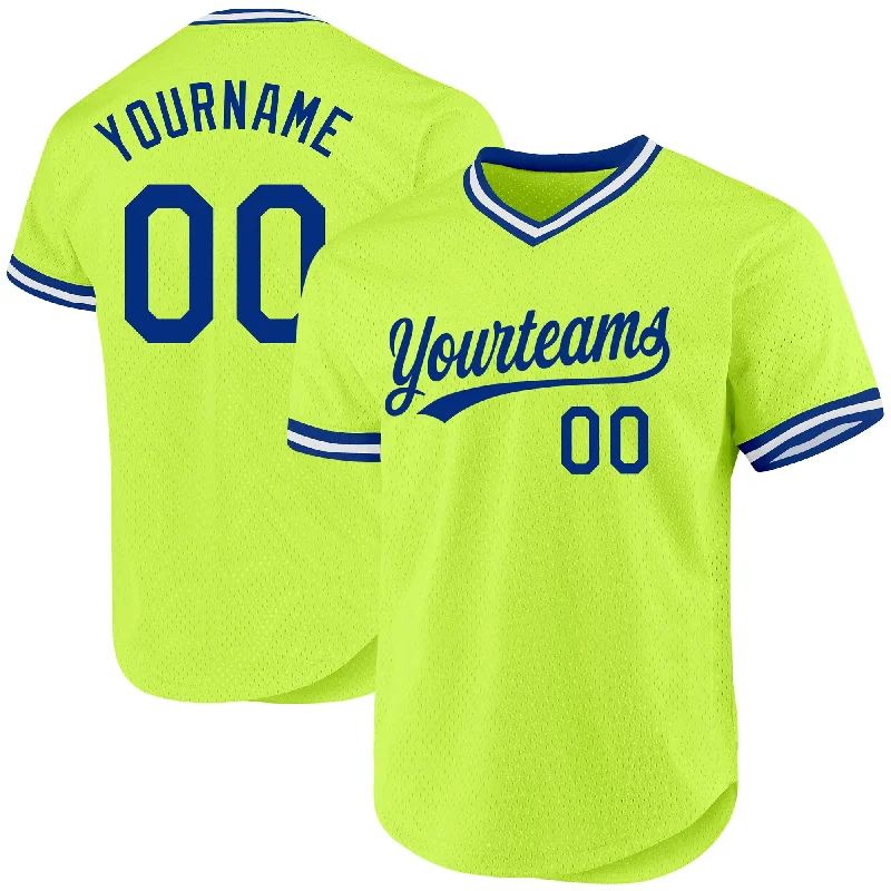 Baseball Jersey For Sports Fans-Custom Neon Green Royal-White Authentic Throwback Baseball Jersey