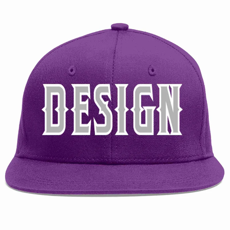 Baseball Cap For Sports Fan Gear-Custom Purple Gray-White Flat Eaves Sport Baseball Cap Design for Men/Women/Youth