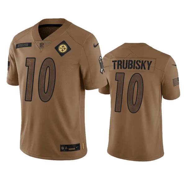 Football Jersey With Custom Embroidered Logos-Men's Pittsburgh Steelers #10 Mitch Trubisky 2023 Brown Salute To Service Limited Football Stitched Jersey