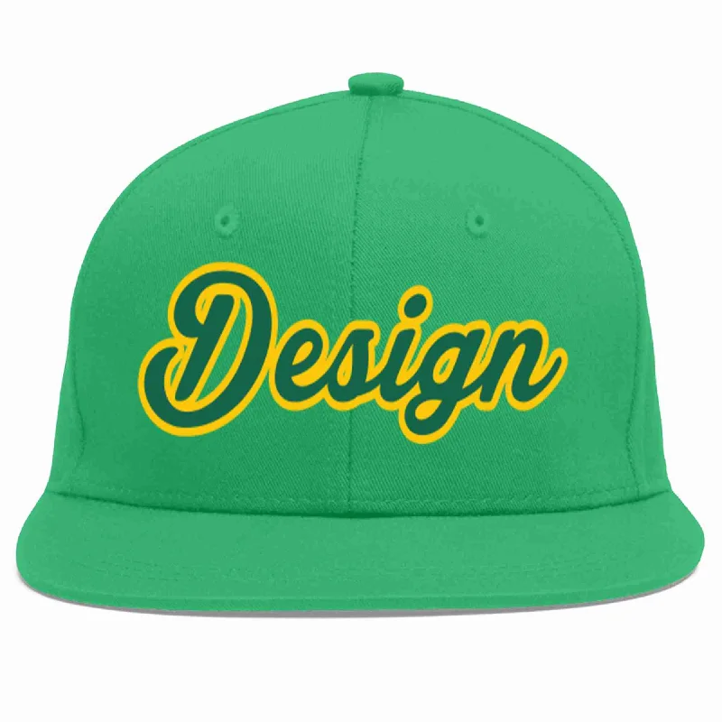 Baseball Cap For Youth Teams-Custom Teal Kelly Green-Gold Flat Eaves Sport Baseball Cap