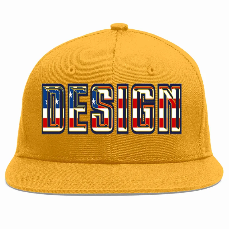 Baseball Cap For Player Recognition-Custom Gold Vintage USA Flag-Gold Flat Eaves Sport Baseball Cap Design for Men/Women/Youth