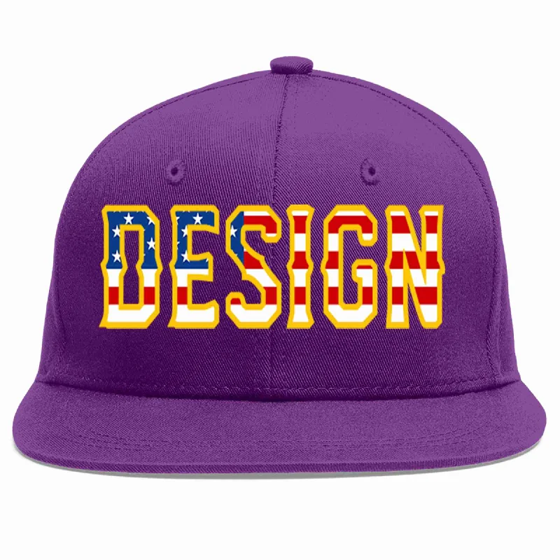 Baseball Cap For Custom Design And Embroidery-Custom Purple Vintage USA Flag-Gold Flat Eaves Sport Baseball Cap Design for Men/Women/Youth