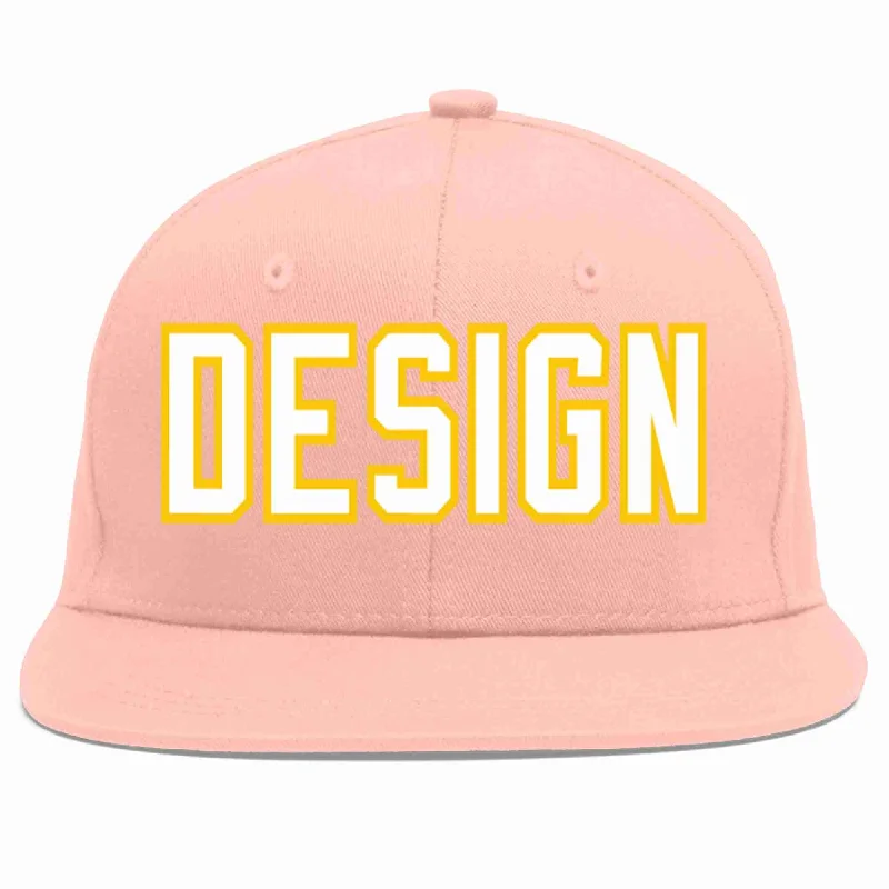 Baseball Cap With Custom Team Name-Custom Pink White-Gold Flat Eaves Sport Baseball Cap Design for Men/Women/Youth