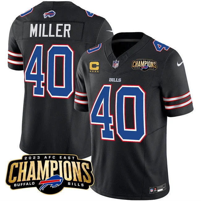 Football Jersey For Tournament Team Apparel-Men's Buffalo Bills #40 Von Miller Black 2023 F.U.S.E. AFC East Champions With 4-star C Ptach Football Stitched Jersey