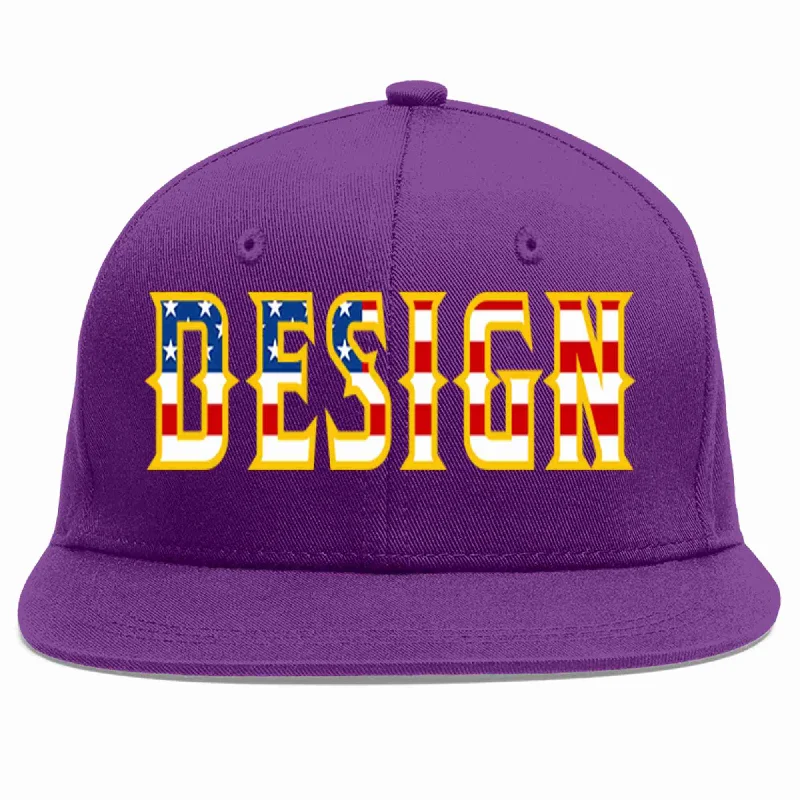 Baseball Cap For Youth Player Gear-Custom Purple Vintage USA Flag-Gold Flat Eaves Sport Baseball Cap Design for Men/Women/Youth