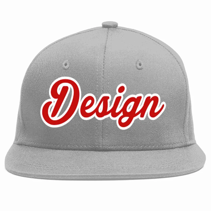 Baseball Cap With Personalized Design-Custom Gray Red-White Flat Eaves Sport Baseball Cap Design for Men/Women/Youth