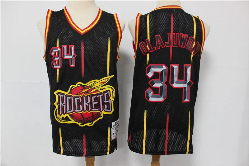 Basketball Jersey For Sports Apparel-Rockets 34 Hakeem Olajuwon Black Hardwood Classics Basketball Jersey