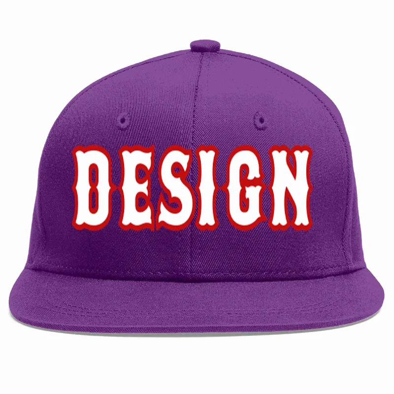 Baseball Cap With Custom Embroidered Patches-Custom Purple White-Red Flat Eaves Sport Baseball Cap Design for Men/Women/Youth