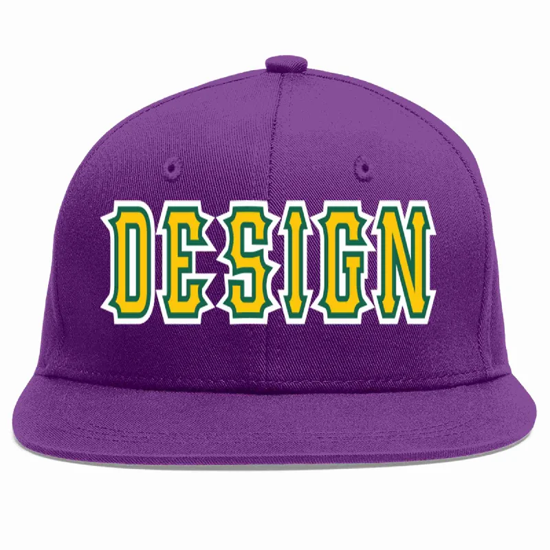 Baseball Cap For Baseball And Softball Seasons-Custom Purple Gold-Kelly Green Flat Eaves Sport Baseball Cap Design for Men/Women/Youth