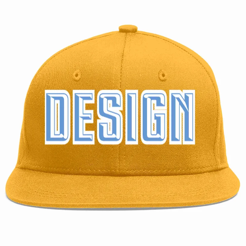 Baseball Cap For Custom Player Orders-Custom Gold Light Blue-White Flat Eaves Sport Baseball Cap Design for Men/Women/Youth