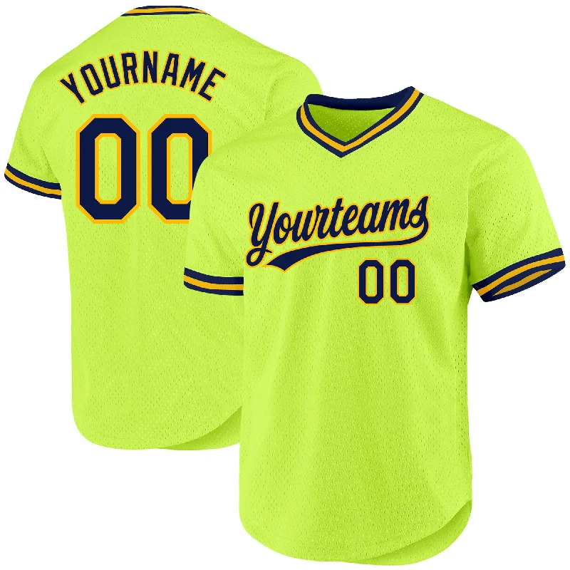 Baseball Jersey For High School Teams-Custom Neon Green Navy-Gold Authentic Throwback Baseball Jersey