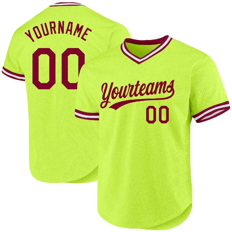 Personalized Baseball Jersey-Custom Neon Green Maroon-White Authentic Throwback Baseball Jersey