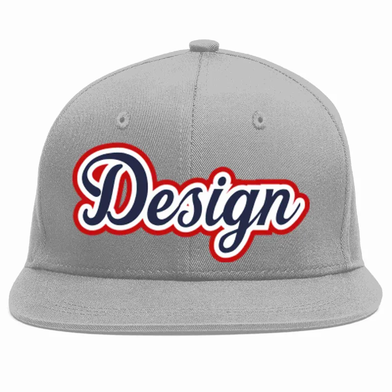 Baseball Cap For Custom Fan Merchandise Orders-Custom Gray Navy-White Flat Eaves Sport Baseball Cap Design for Men/Women/Youth