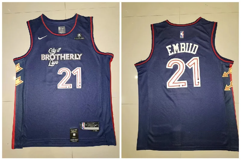 Basketball Jersey For Fan Gifts-76ers 21 Joel Embiid Navy 2023-24 City Edition Swingman Basketball Jersey