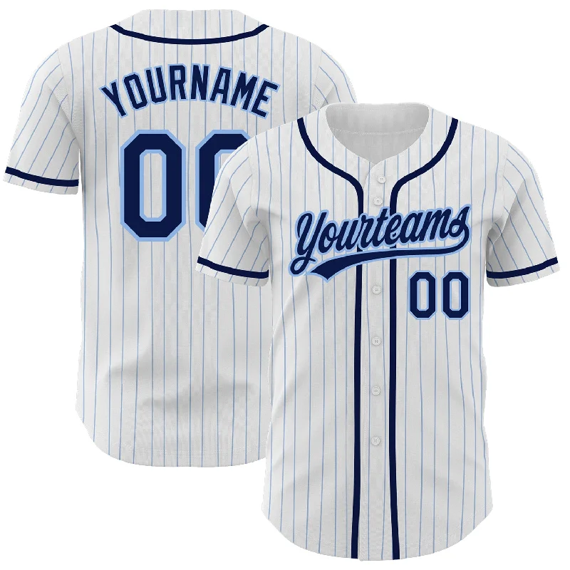 Baseball Jersey For Custom Event Apparel-Custom White Light Blue Pinstripe Navy Authentic Baseball Jersey