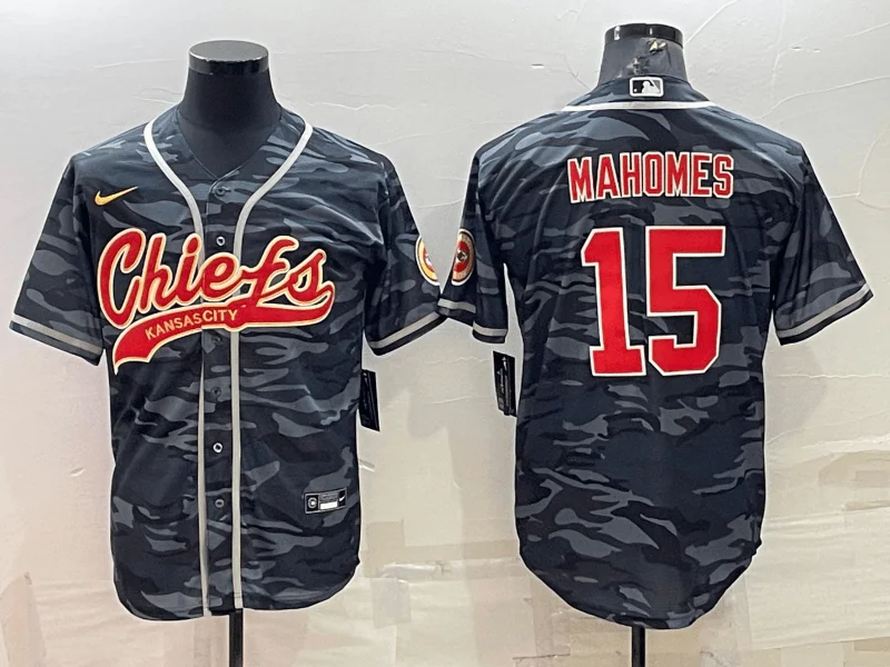 Baseball Jersey For Official Team Customization-Men's Kansas City Chiefs Blank #15 Patrick Mahomes Grey Navy Camo With Patch Cool Base Stitched Baseball Jersey