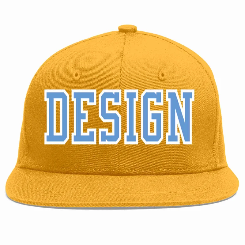 Baseball Cap For Limited Edition Designs-Custom Gold Light Blue-White Flat Eaves Sport Baseball Cap Design for Men/Women/Youth