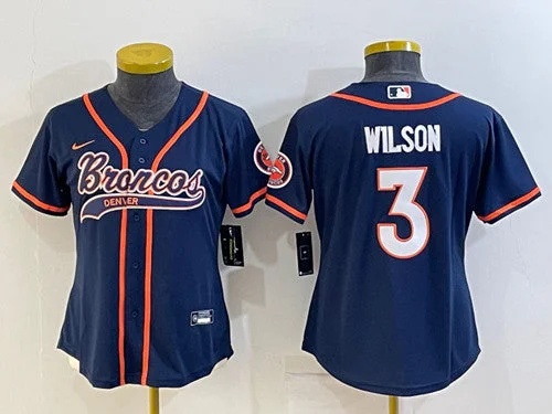 Custom Baseball Jersey-Women's Denver Broncos #3 Russell Wilson Navy With Patch Cool Base Stitched Baseball Jersey(Run Small)